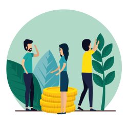 men and woman teamwork with coins and plants men and woman teamwork with coins and plants vector illustration